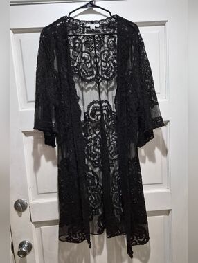 Favlux Black Lace Kimono Cardigan Size L Sheer Floral Duster Boho